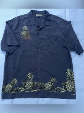 Tommy Bahama Silk Shirt Mens XL Gray Pineapple Tropical Hawaiian Short Sleeve